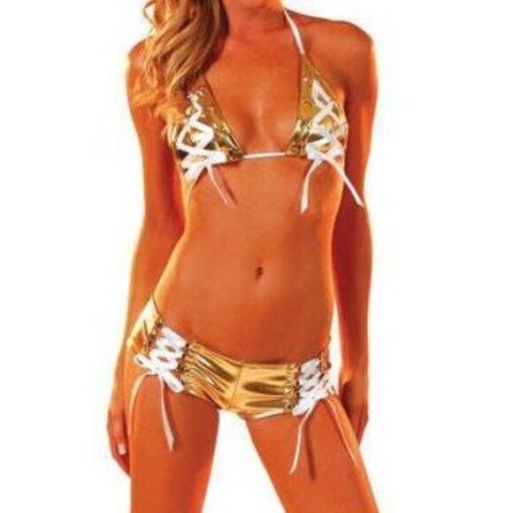 Gold Metallic Booty Short Bikini - NEW - Picture 1 of 9